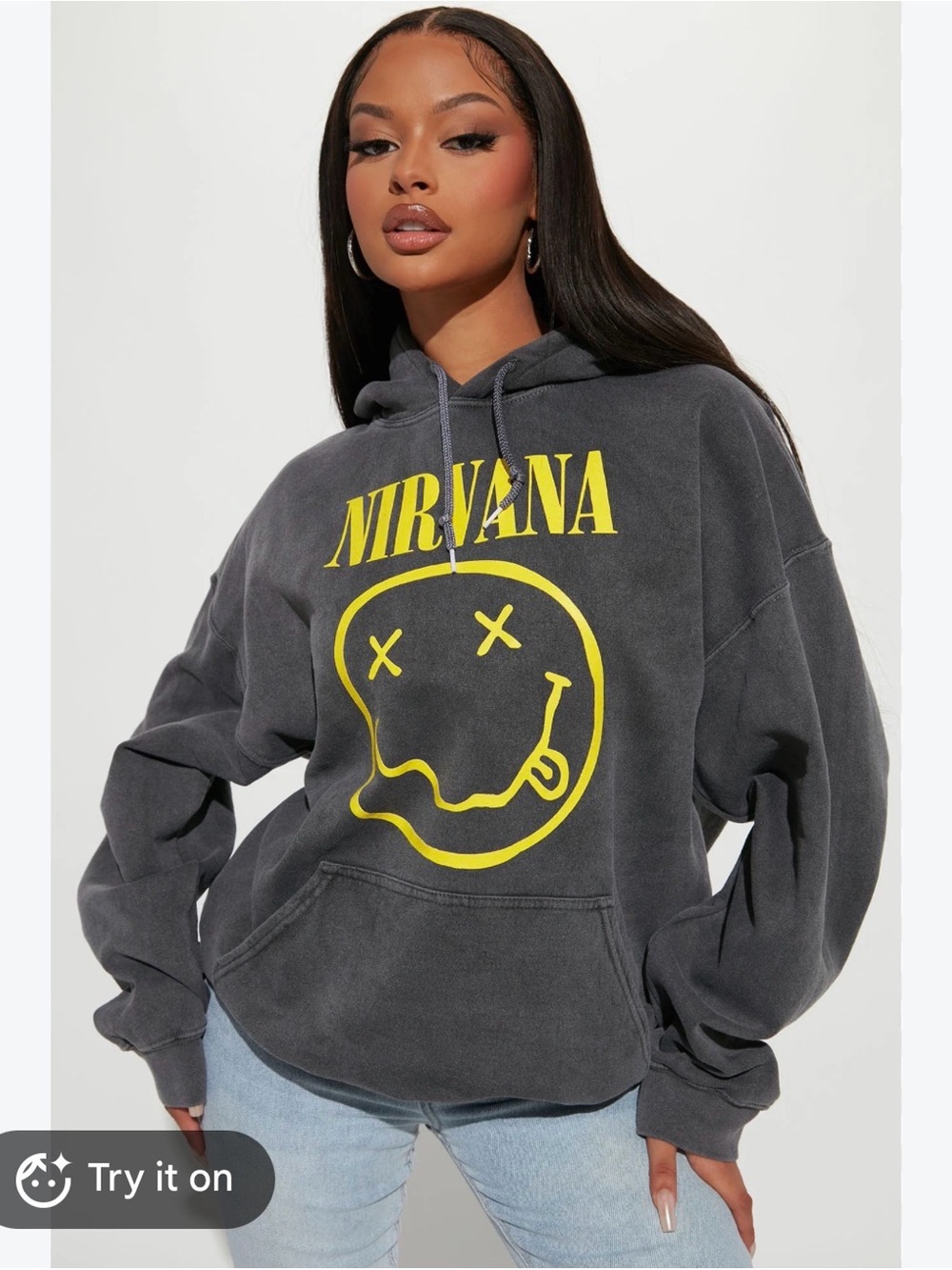 NIRVANA Charcoal Pullover Hoodie with Yellow Smile Graphic